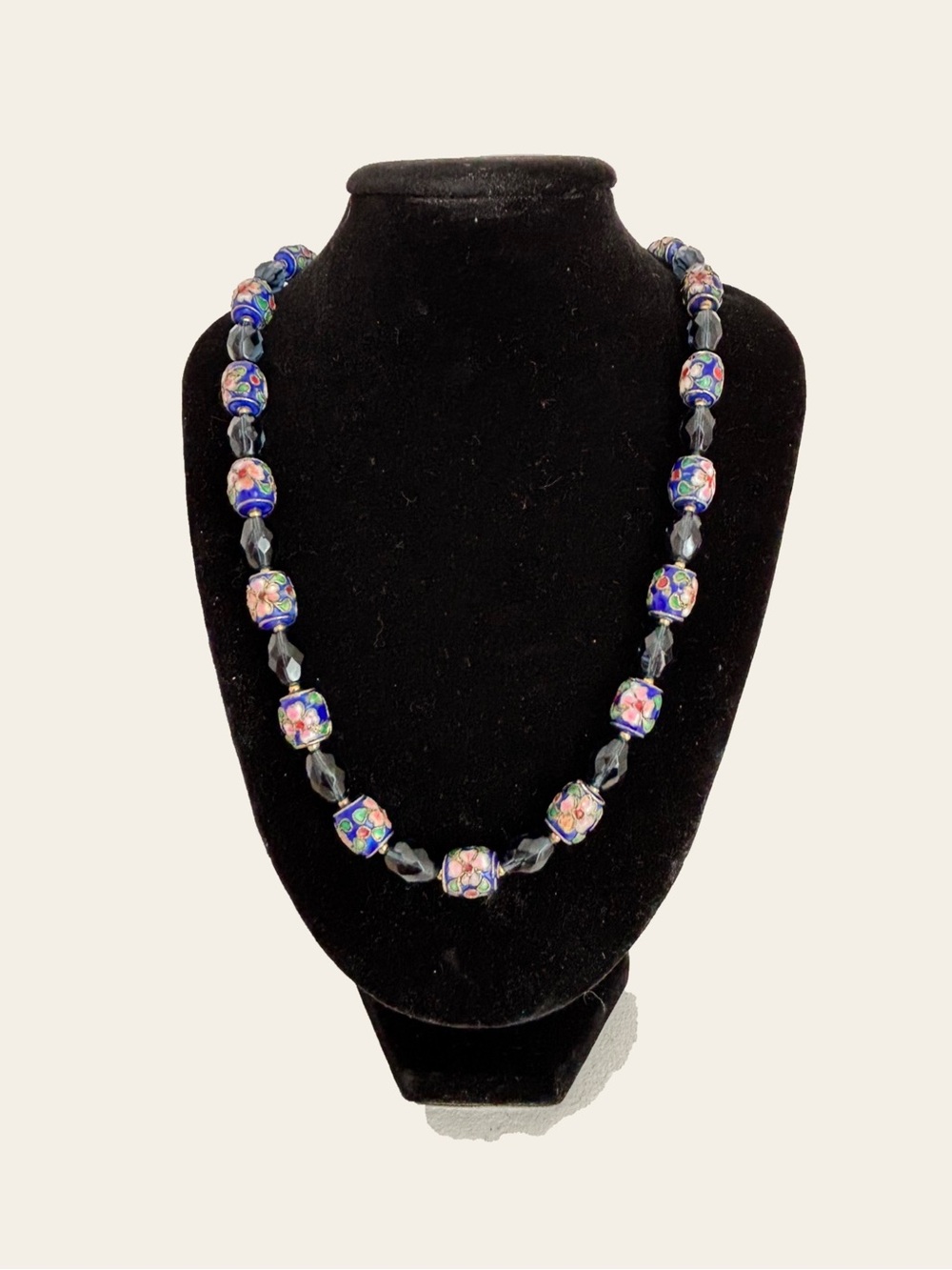 Vintage Cloisonné Style Blue Floral Bead Necklace Green Faceted Glass 18”